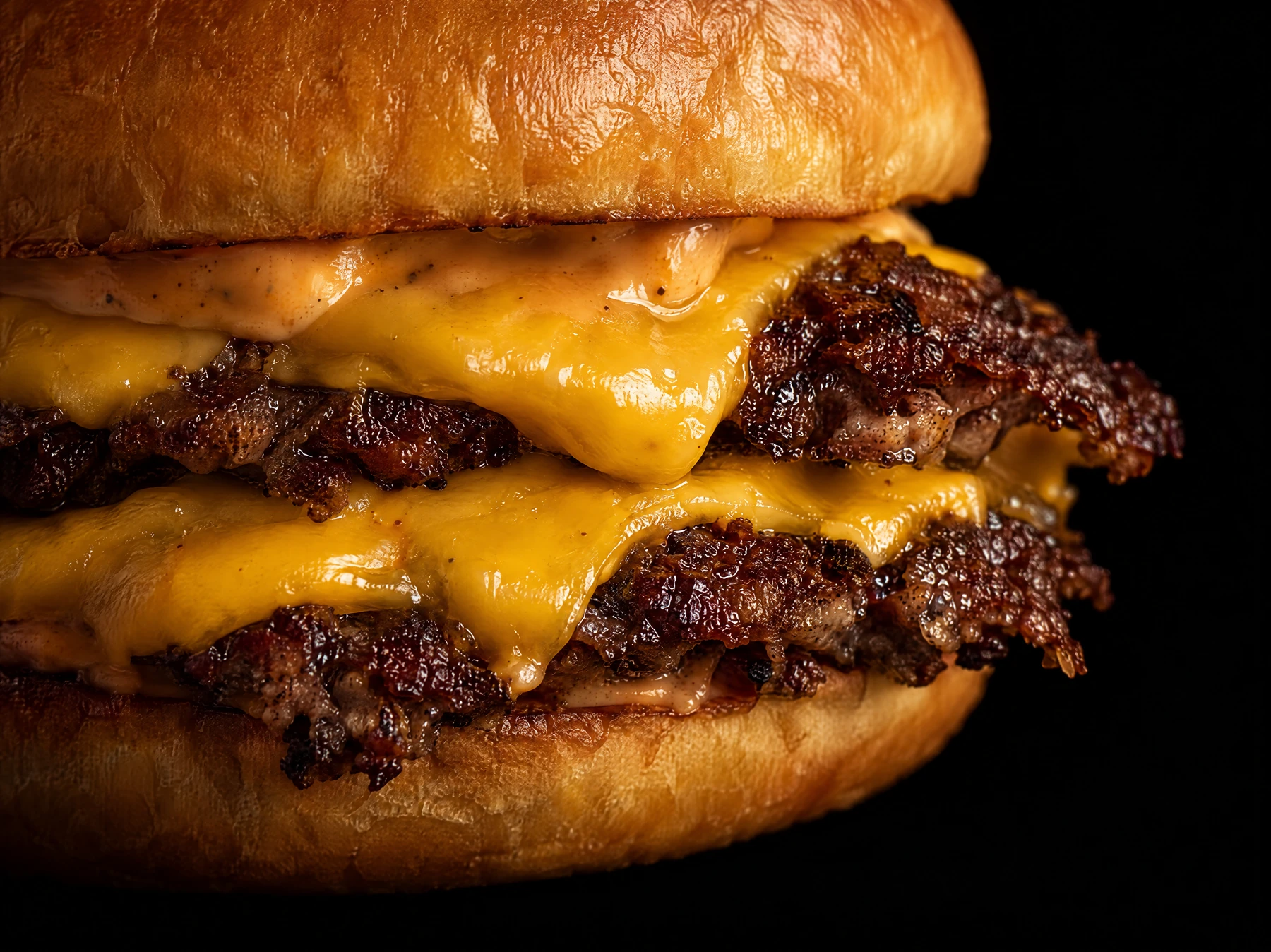 Double smash en gros plan, bœuf saisi et fromage fondant